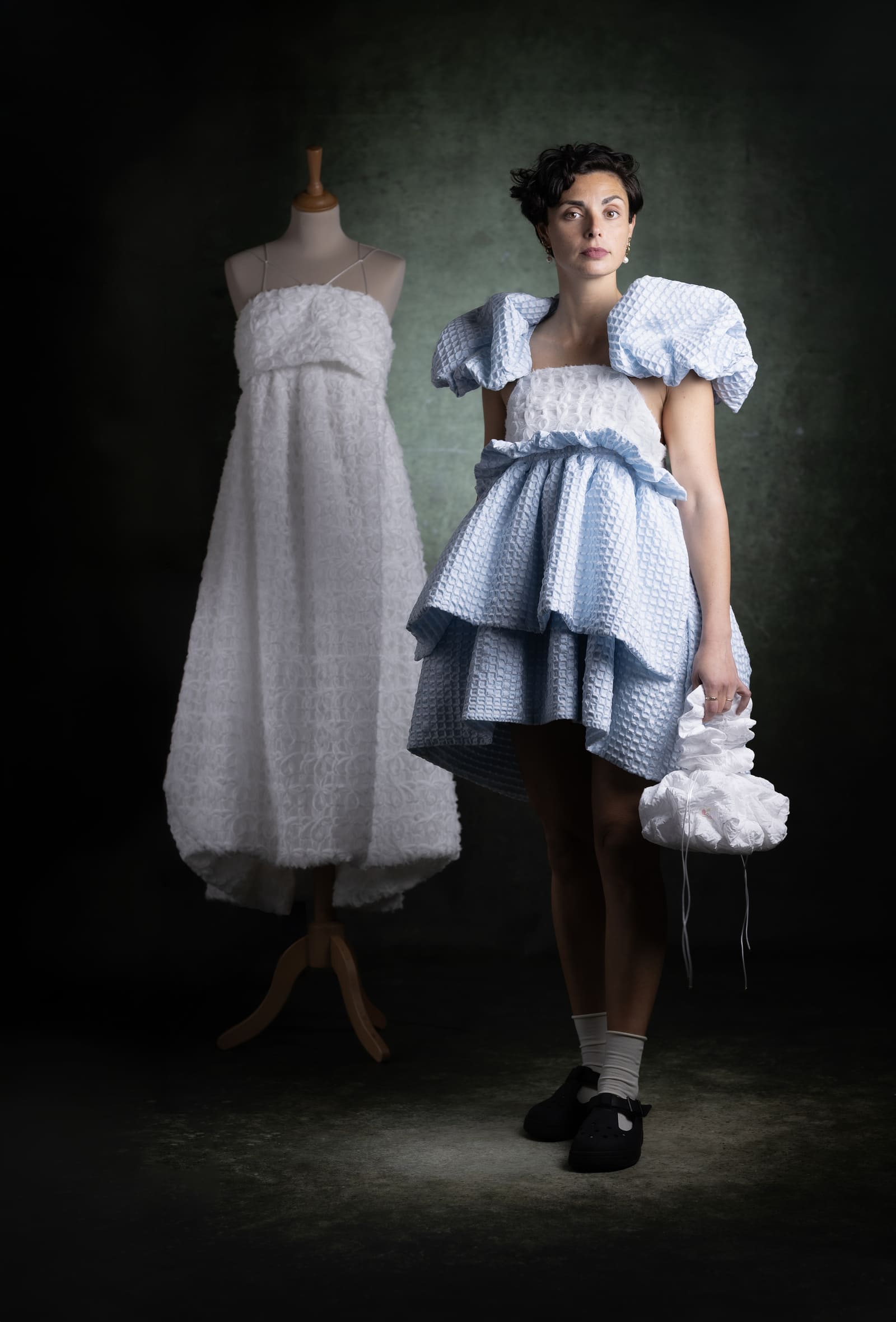Freixa ceremony dress in blue jacquard - Anabel Santos designer - Haute Couture - Galicia - Freixa Wedding guest dress