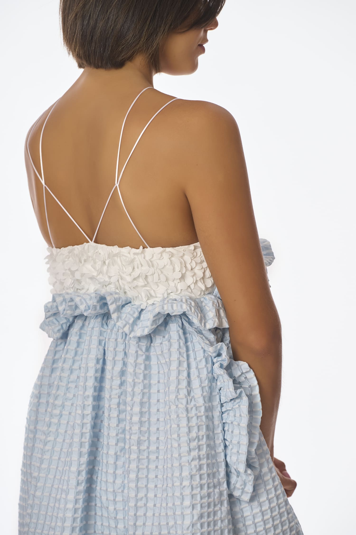 Detailed backless ceremony dress in blue jacquard with thin criss-cross straps, Meandra wedding guest dress - Anabel Santos - Haute Couture - Galicia