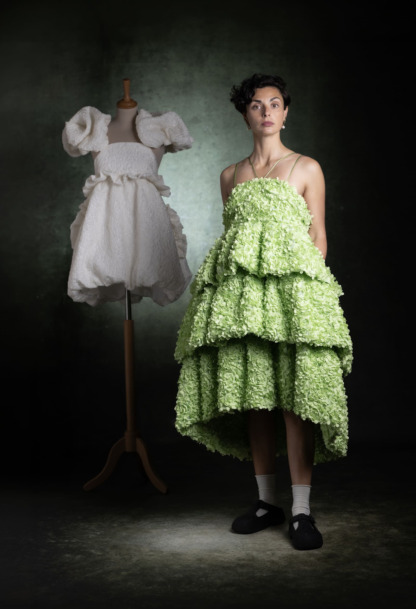 Herbal green evening gown for special occasions with fluid silhouette - Anabel Santos designer - Haute Couture - Galicia - Herbal Wedding guest dress