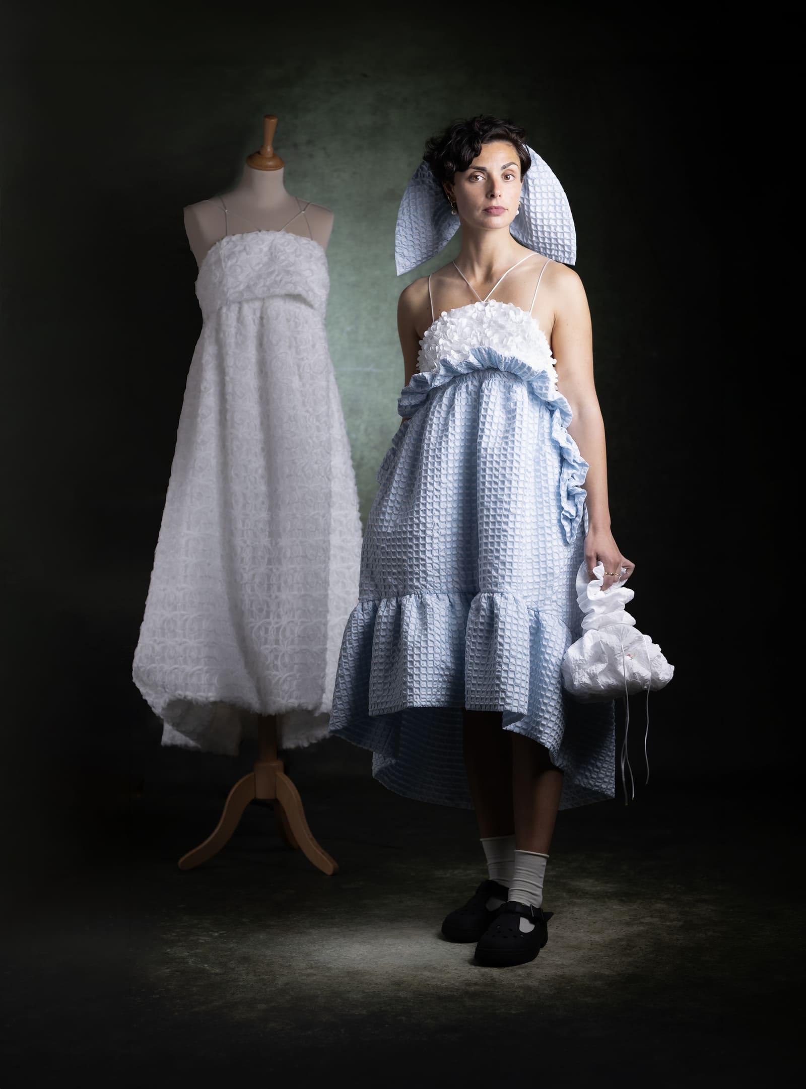 Meandra ceremony dress in blue jacquard - Anabel Santos designer - Haute Couture - Galicia - Meandra Wedding guest dress