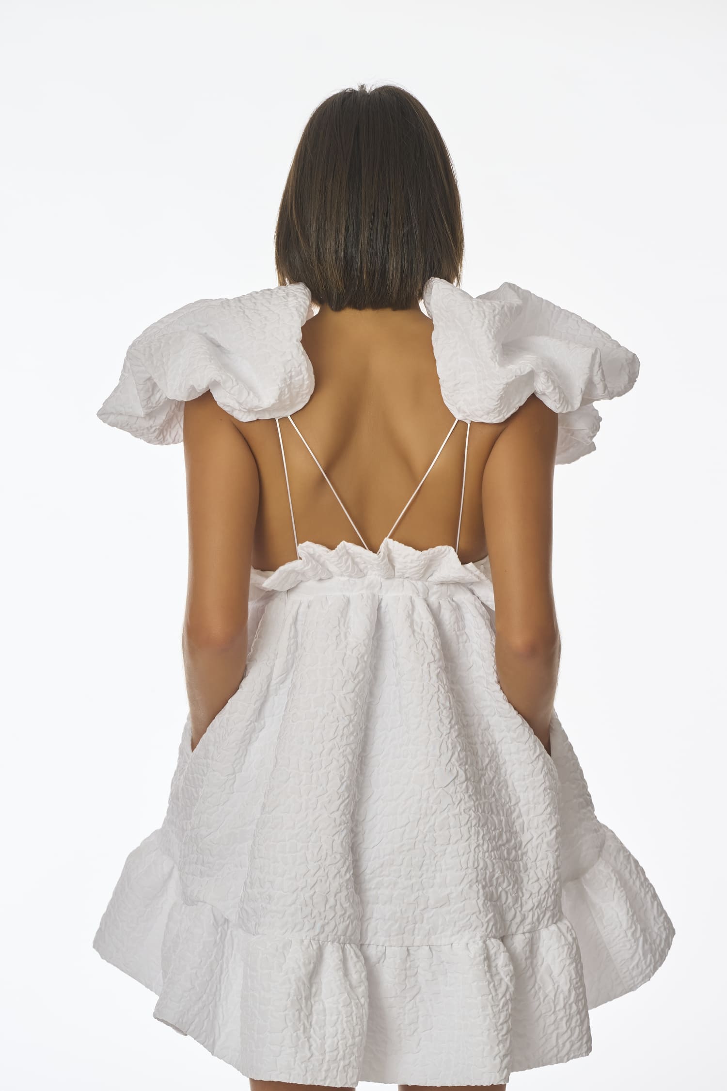 Detailed backless wedding dress with thin criss-cross straps, Camino gown - Anabel Santos - Haute Couture - Galicia