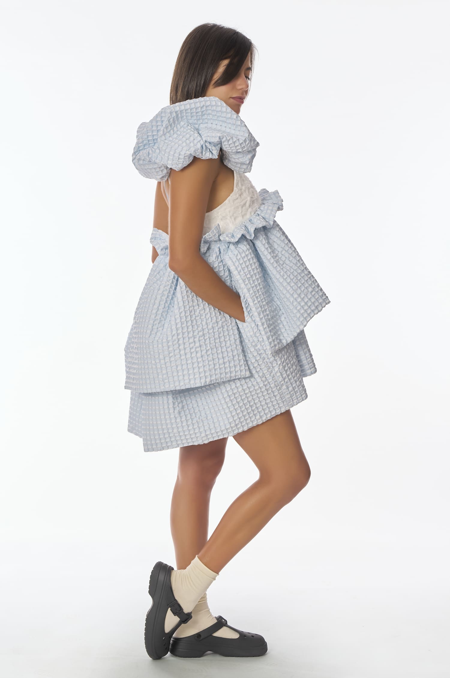 Freixa Ceremony dress in blue jacquard - wedding guest dress - Anabel Santos - Haute Couture - Galicia